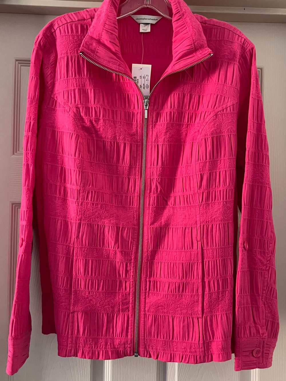 Christopher & Banks Bright Pink Textured Zip Jacket size L NWT